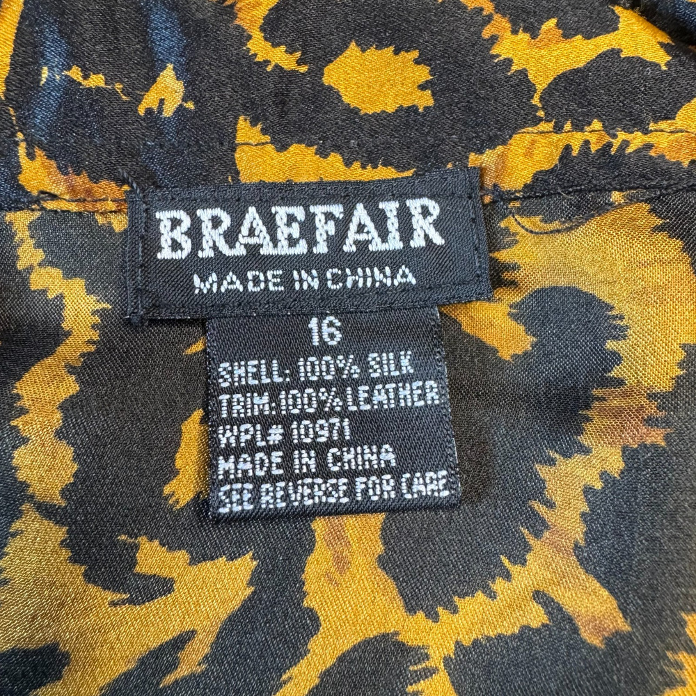 VTG Braefair 100% Silk Leopard Print Blouse Leather Trim Long Sleeves Womens 16 - Picture 2 of 5